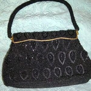 Vintage Black Beaded Evening Bag, Made In Hong Kong, Leaf Motif.
